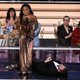 Jimmy Kimmel lies onstage as US writer Quinta Brunson accepts the award for Outstanding Writing For A Comedy Series for “Abbott Elementary” during the 74th Emmy Awards at the Microsoft Theater in Los Angeles, California, on September 12, 2022.